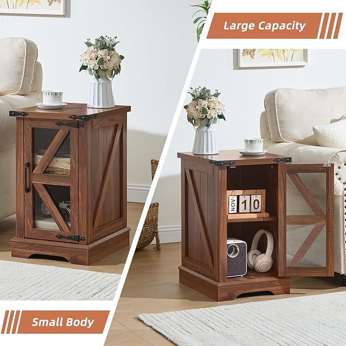 Farmhouse Coffee Table Sets 2 Pieces, Narrow Night Stand with Glass Barn Door Storage, Large Coffee Tables with Hidden Storage Organizer, Wood Furniture Sets for Living Room, Office, Brown