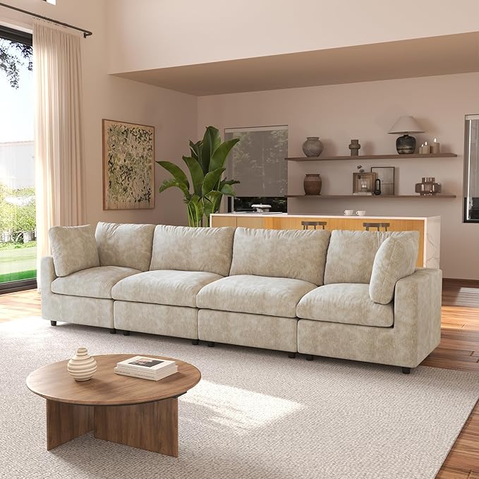 JACH 134" Sectional Couches for Living Room, 4-Seater Convertible Modular Sofa, Cloud Sectional Couch, Sofa Covers Washable, Minimalist Modern Couch for Living Room, Apartment, Khaki
