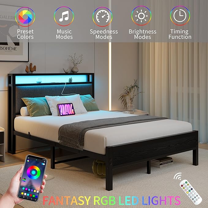 Full Size Bed Frame with LED Lights, Upholstered Headboard with Storage Shelves&Charging Station, Heavy Duty LED Bed Frame Full Mattress Foundation No Box Spring Needed, Noise Free,Grey