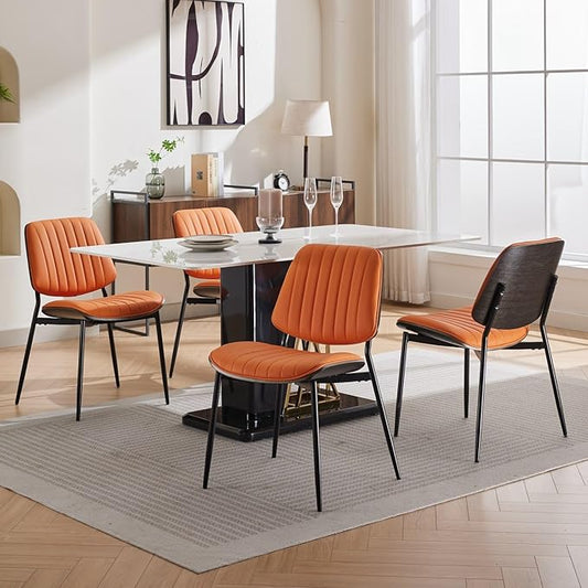 Dining Chairs Set of 4, Mid Century Modern Accent Dining Room and Kitchen Chairs, Upholstered PU Leather Vertical Stripe Chairs for Vanity with Walnut Bentwood and Metal Legs, Orange