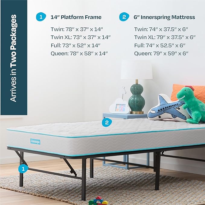 Linenspa 6-Inch Innerspring Mattress - Twin + 14-Inch Folding Platform Bed Frame