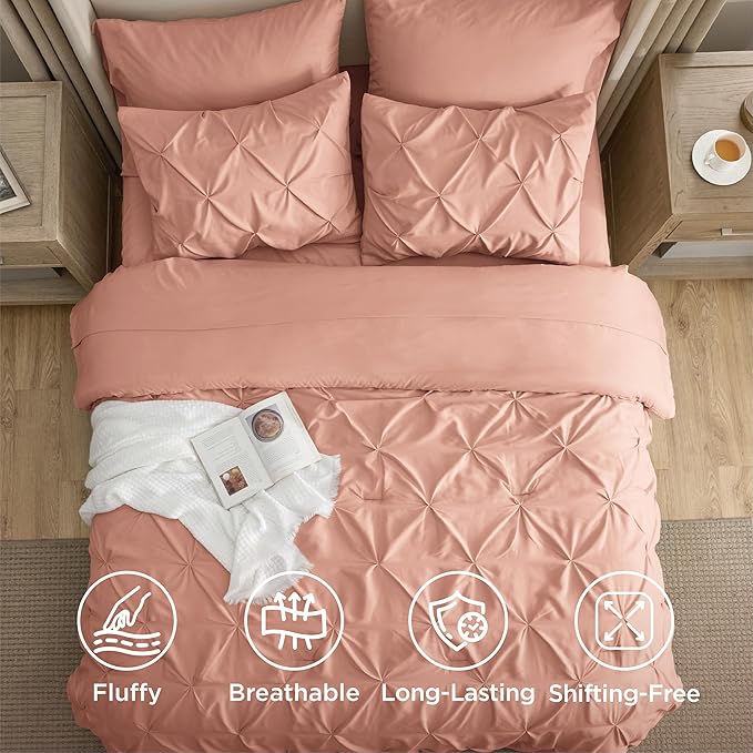 Bedsure Queen Comforter Set Dusty Pink - Bed in a Bag Queen Size Bedding 7 Pieces, GentleSoft™ Pintuck Bed Set Gift for Family, Pinch Pleat All Season Comforter with Sheets, Pillowcases & Shams