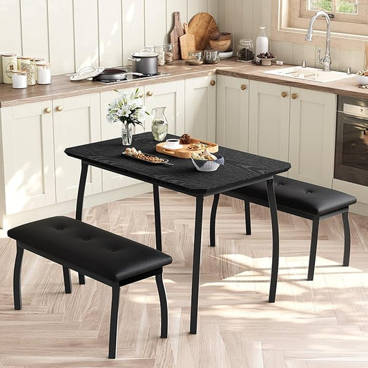 GAOMON Dining Table Set for 4, Metal Frame Kitchen Table Set with 2 Upholstered Bench, 3 Piece Dining Room Table Furniture for Apartment, Studio, Home, Easy Assembly, Black