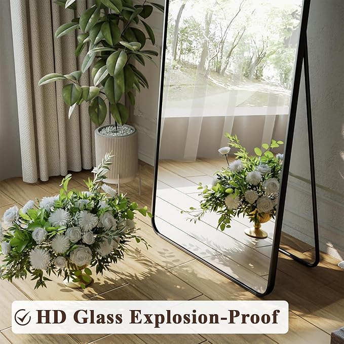 65"x24" Floor Full Length Mirror Standing Full Body Rounded Corner Rectangle Mirrors with Stand Hanging Wall Mounted Leaning Bedroom Living Room Bedroom Cloakroom,Black