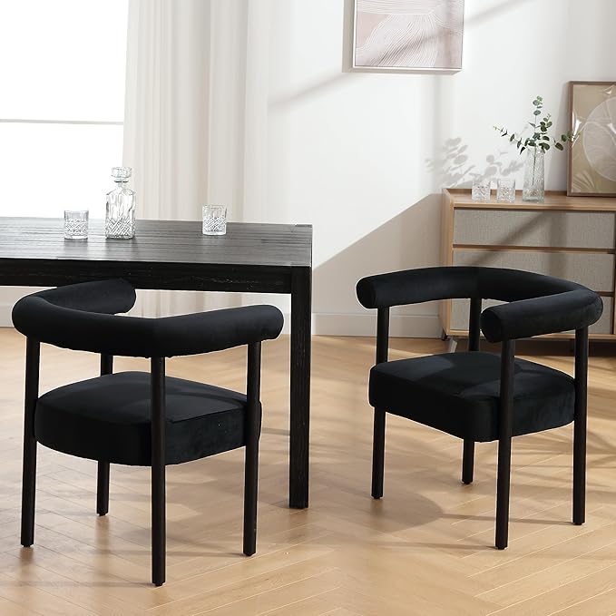 Black Velvet Dining Chairs Set of 4, Modern Upholstered With Curved Backrest, Kitchen and Dining Room Accent Arm Chairs With Black Wood Legs