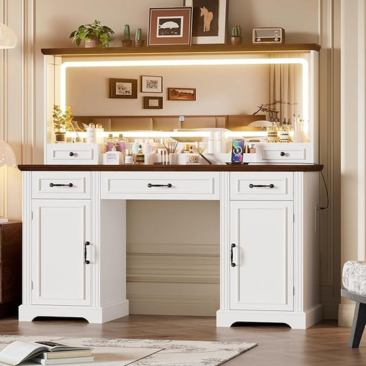 PAKASEPT 55.12" Large Makeup Vanity with LED Lights and 3 Light Modes, Vanity Set with 5 Drawers and Power Outlet, Vanity Desk for Women, Girls