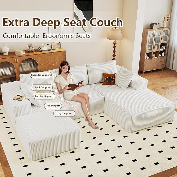 96" U-Shape Cloud Couch, Modern Modular Sectional L-Shape Sofa with Ottoman, Corduroy Upholstered Couches Deep Seat Sleeper Chaise Longue for Living Room, No Assembly Required(White, Right Facing)