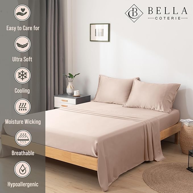 Bella Coterie Luxury Bamboo Viscose Split King Size Sheet Set | 2 Fitted Sheets for Sleep Number & Adjustable Beds | 100% Organically Grown | Cooling & Ultra Soft | 18” Deep Pocket [Dusty Rose]