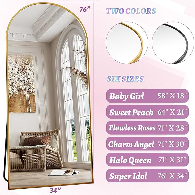Full Length Mirror, 76"x34" Arched Floor Mirror Freestanding, Floor Standing Full Body Mirror with Stand for Bedroom, Hanging Mounted for Living Room Cloakroom, Gold