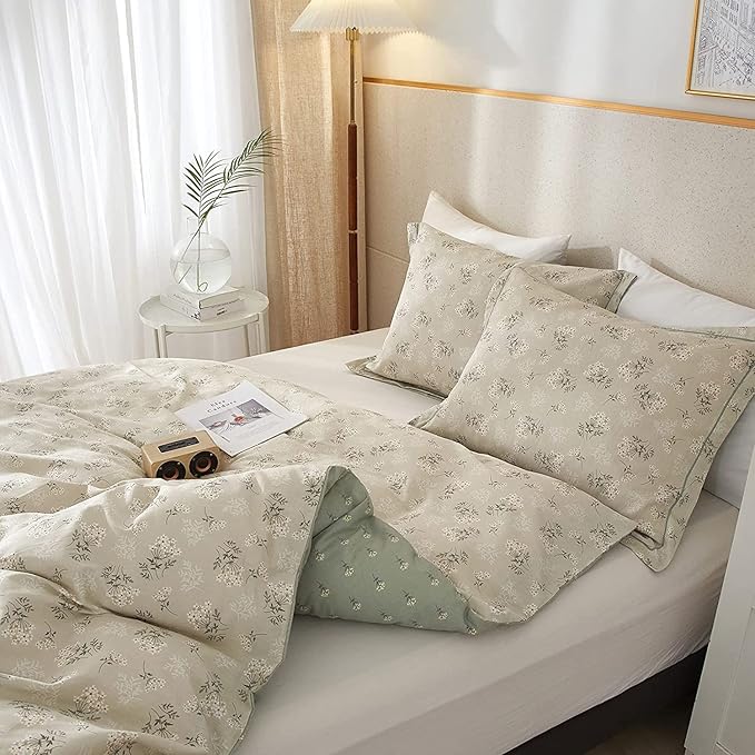 LifeTB Garden Style Floral Duvet Cover Queen Soft Cotton Boho Floral Bedding Sets Chic Shabby Botanical Queen Duvet Cover Girl Women Vintage Floral Comforter Cover with Zipper Closure 4 Ties