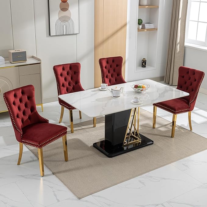 Luxury Upholstered Dining Chairs Set of 8, Red Kitchen Chair with Golden Metal Legs, Velvet Tufted Back Dining Chair, Sillas de Comedor, Modern Kitchen & Dining Room Chairs (Burgundy, 8 Pcs)