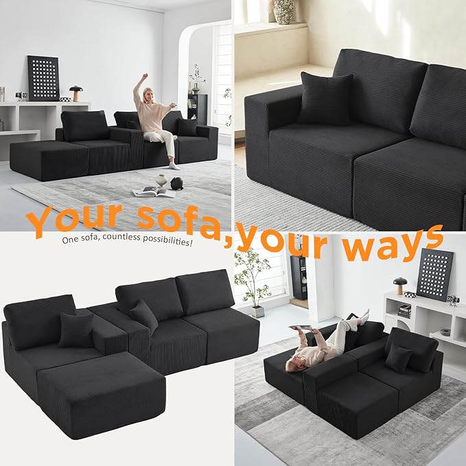 INGEROOM 108" Cloud Sectional Couch with Chaise, Modular L-Shaped Sofa Deep Seat Comfy Corduroy Memory Foam Couch for Living Room Bedroom, No Assembly Required, Black
