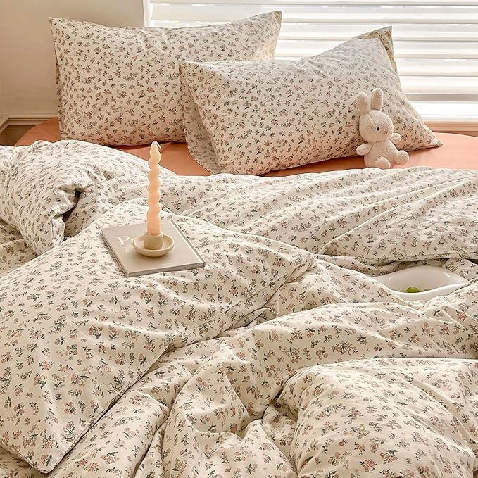 Aesthetic Floral Duvet Cover Twin 100% Cotton Boho Floral Comforter Cover White Chic Botanical French Style Duvet Cover Pink Floral Girls Flower Comforter Cover Vintage Cottagecore Bedding Set Twin