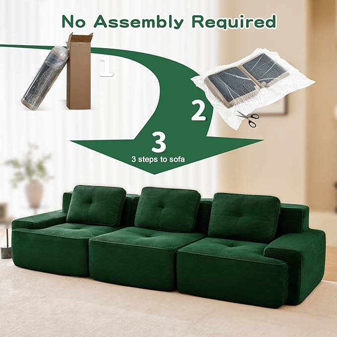 115.3'' Sectional Sofa, 32D Foam Corduroy Boneless Couch with Pillow, Deep Seat Wide Arm Sectional Couch for Apartment, Living Room, Bedroom