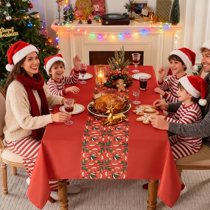 Christmas Tablecloth Rectangular 60x102 Inch Waterproof Table Cloth for 6ft, Washable Polyester Table Cover for Xmas Party, Winter Holiday Home Decoration in Festive Red 1pack