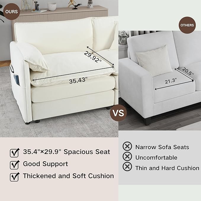 41.73" Oversized Sofa Chair, Chenille Modern Upholstered Armchair, Modular Sectional Sofa for Living Room, Deep Seat Reading Sofa for Bedroom Apartment (White, 41.73 Inch)