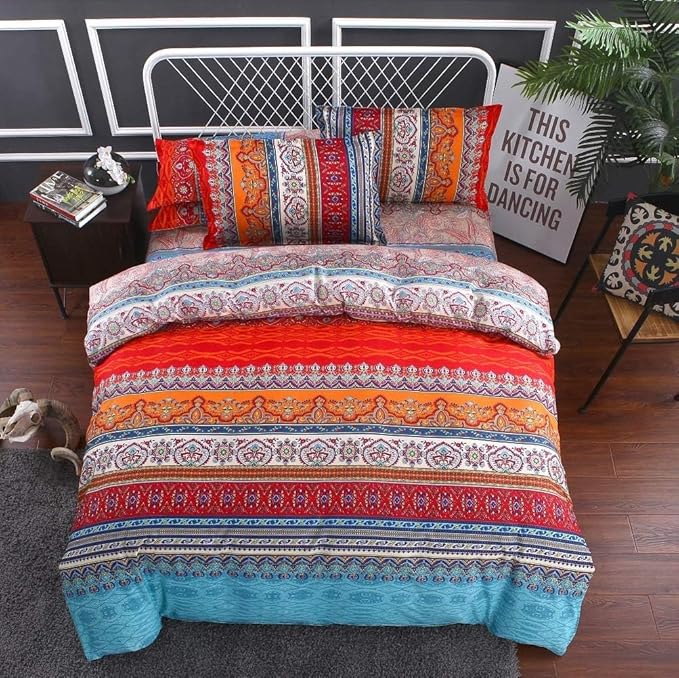 Boho Comforter Set - 3 Pieces Lightweight Exotic Yellow Orange Bohemian Mandala Colorful Retro Boho Comforter and 2 Pillowcases for All Seasons