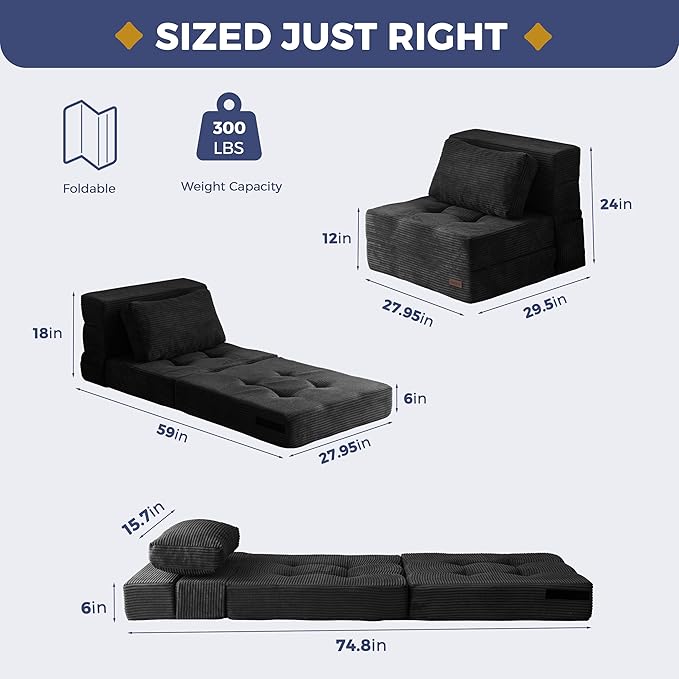 MAXYOYO Convertible Sofa Bed, Fold Out Single Sleeper Sofa with Pillow, 4 in 1 Tufted Folding Couch Bed Foam Floor Couch, Lazy Chair for Living Room Bedroom Guest Room, Black