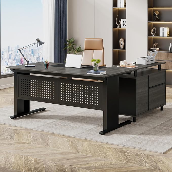 LITTLE TREE Large Computer Desk with File Cabinet, 63 Inch Executive Desk L Shaped Office Desk with Drawers and Storage Shelves, Business Furniture Desk Workstation for Home Office