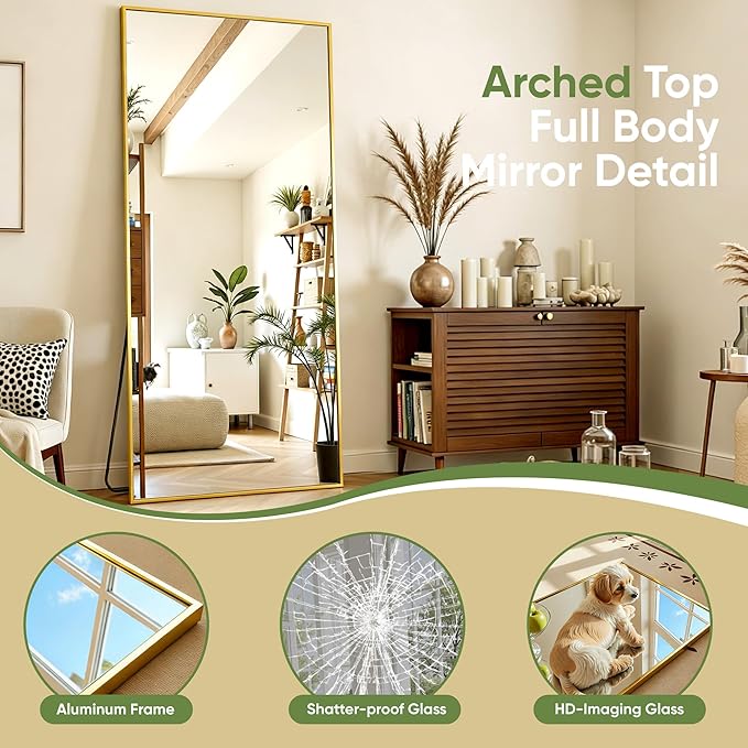 Full Length Mirror, 76"x34" Full Body Mirror, Floor Mirrors with Stand, Body Mirrors Standing Hanging Leaning Against Wall,Aluminum Frame Mirrors for Bedroom Cloakroom,Living Room,Gold