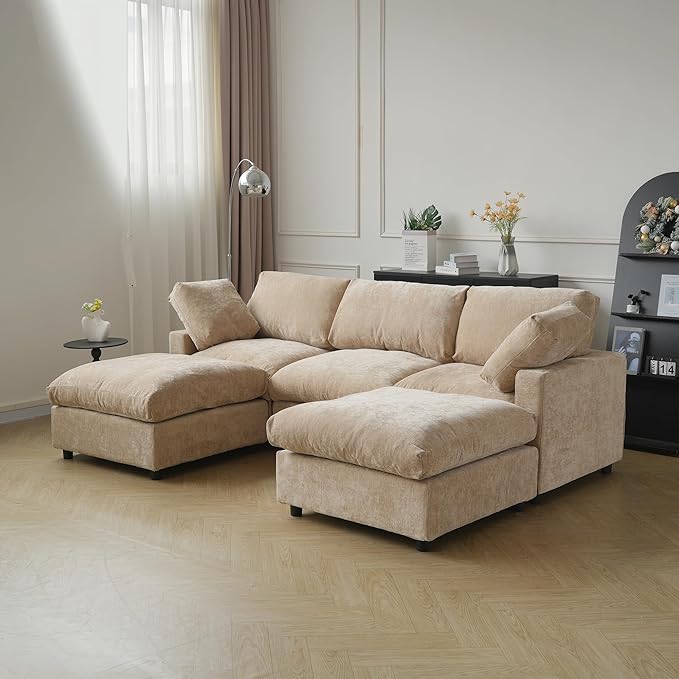 JACH U Shape Sectional Couches for Living Room, Convertible Modular Sofa with Ottomans, Cloud Sectional Couch, Sofa Covers Washable, Minimalist Couch for Living Room, Apartment, Khaki