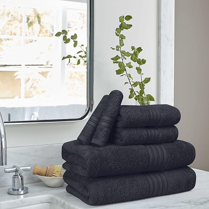 BOUTIQUO 6 Pack Cotton Towel Set, Contains 2 Bath Towels 28x55 inch, 2 Hand Towels 16x24 inch & 2 Wash Coths 12x12 inch, Ideal Everyday use, Ultra Soft Compact & Lightweight - Charcoal Grey