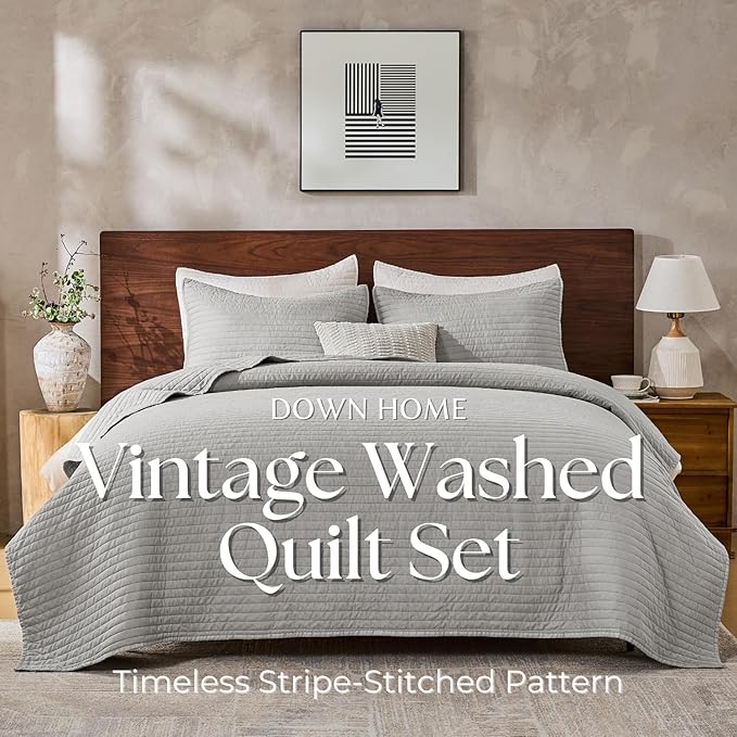 DOWN HOME Twin Quilt Bedding Set with Sham, Vintage Washed Soft Quilted Blanket Thin Comforter Lightweight Bedspread Coverlet Bed Cover, Brushed Microfiber Stripe Stitching, Light Gray, 66"x92"