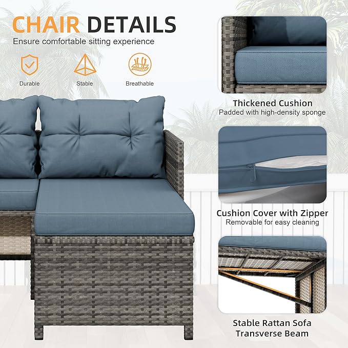 Shintenchi Outdoor Patio Furniture Sets, Wicker Patio sectional Sets 3-Piece, All Weather Wicker Rattan Patio Seating Sofas with Glass Coffee Table and Cushion (Blue Grey)