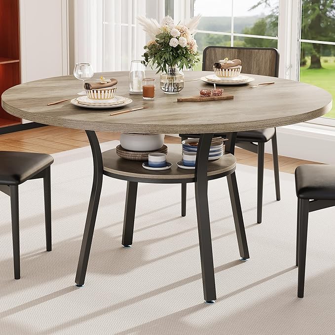 Garvee 47'' Round Dining Table for 4-6 People, Farmhouse Kitchen Dining Table, Round Dinner Table with Storage Shelf for Kitchen, Living Room (Table Only), Grey