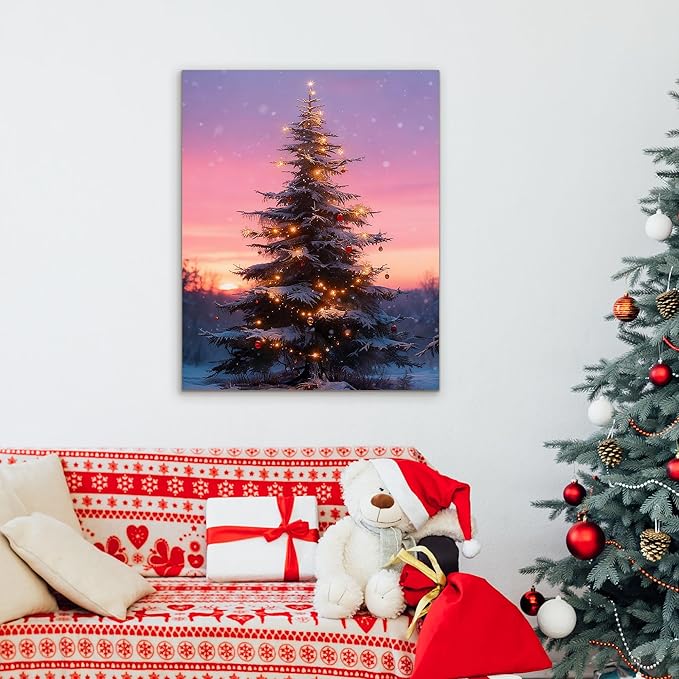 Framed Christmas Pictures Wall Decor,Vintage Pine Tree Prints,Winter Christmas Canvas Wall Art Decoration for Bedroom Bathroom Living Room Rustic Xmas Holiday Gifts (Christmas Tree 10, 11'' X 14')