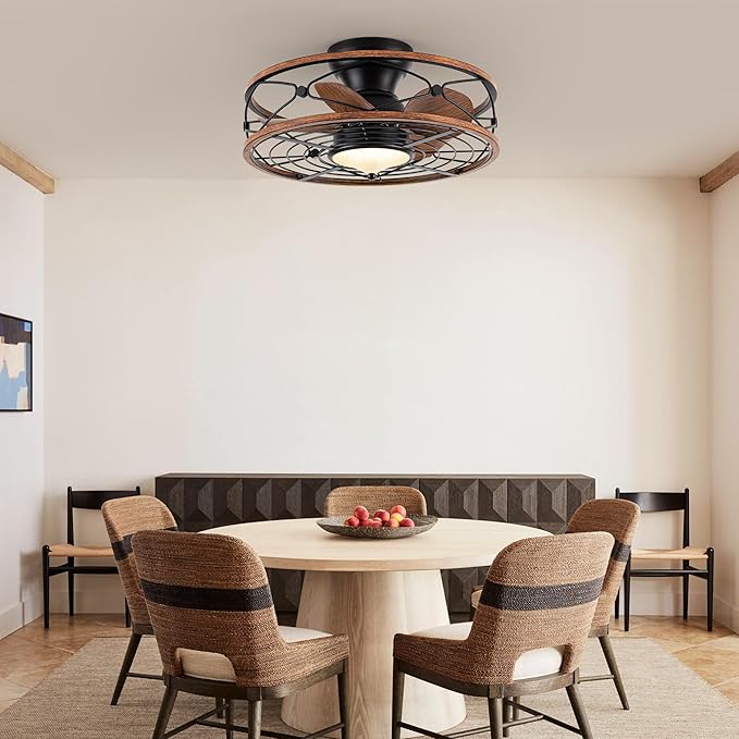 TIFEROR 20'' Low Profile Ceiling Fans With Light, Flush Mount Caged Ceiling Fan With Remote Control, Reversible Motor With Low Noise And Energy Efficient, 3 Color LED