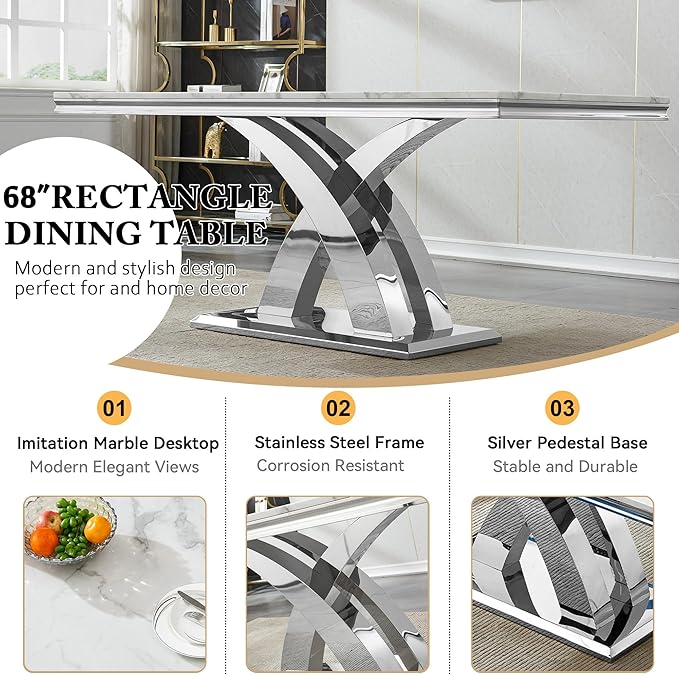 Goujxcy 68" Marble Dining Table Set for 6, Modern Rectangle Dining Room Table Set for 6, Luxury White Silver Marble Kitchen Table and Chairs Set of 6 for Living Room,Kitchen