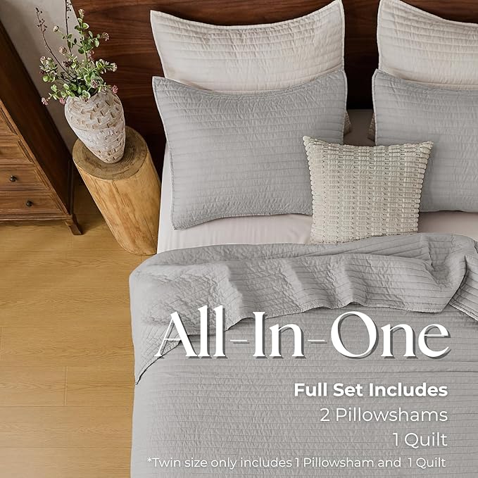 DOWN HOME Queen Quilt Bedding Set with Shams, Vintage Washed Soft Quilted Blanket Thin Comforter Lightweight Bedspread Coverlet Bed Cover, Brushed Microfiber Stripe Stitching, Light Gray, 86"x90"