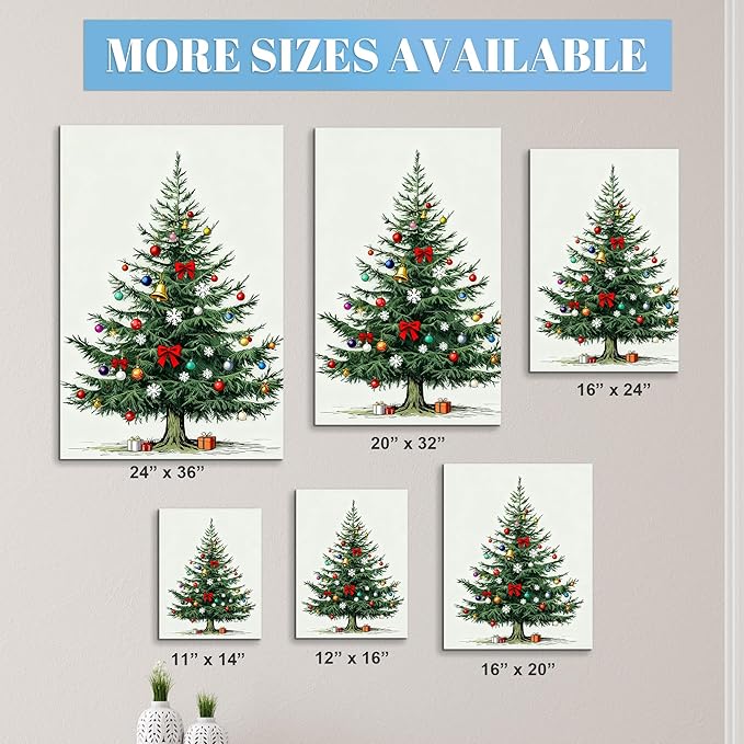 Framed Christmas Pictures Wall Decor,Vintage Pine Tree Prints,Winter Christmas Canvas Wall Art Decoration for Bedroom Bathroom Living Room Rustic Xmas Holiday Gifts (Christmas Tree 8, 12'' X 16'')
