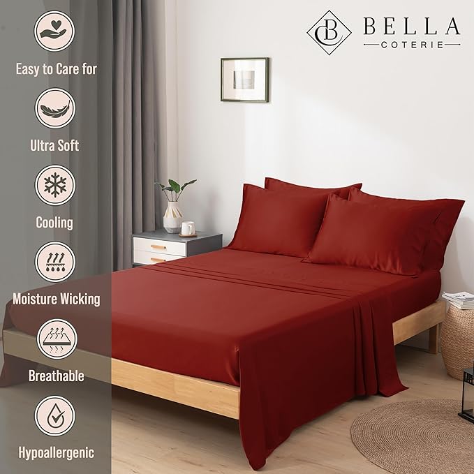 Bella Coterie 6 Piece Luxury Bamboo Viscose Queen Size Sheet Set | 100% Organically Grown | Cooling for Hot Sleepers | 18" Deep Pocket | Soft & Hypoallergenic | 4 Pillowcases [Merlot]
