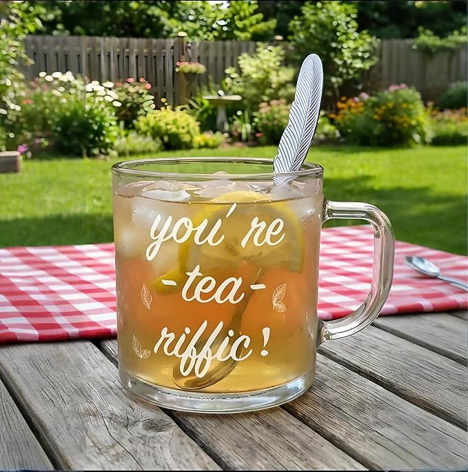 Large Ribbed Glass Coffee Mugs You're Tea Riffic Funy Clear Insulated Glass Cup with Handle & Spoon, 16 OZ Transparent Ribbed Tea Cup with English Breakfast Tea Set as Gift for Women
