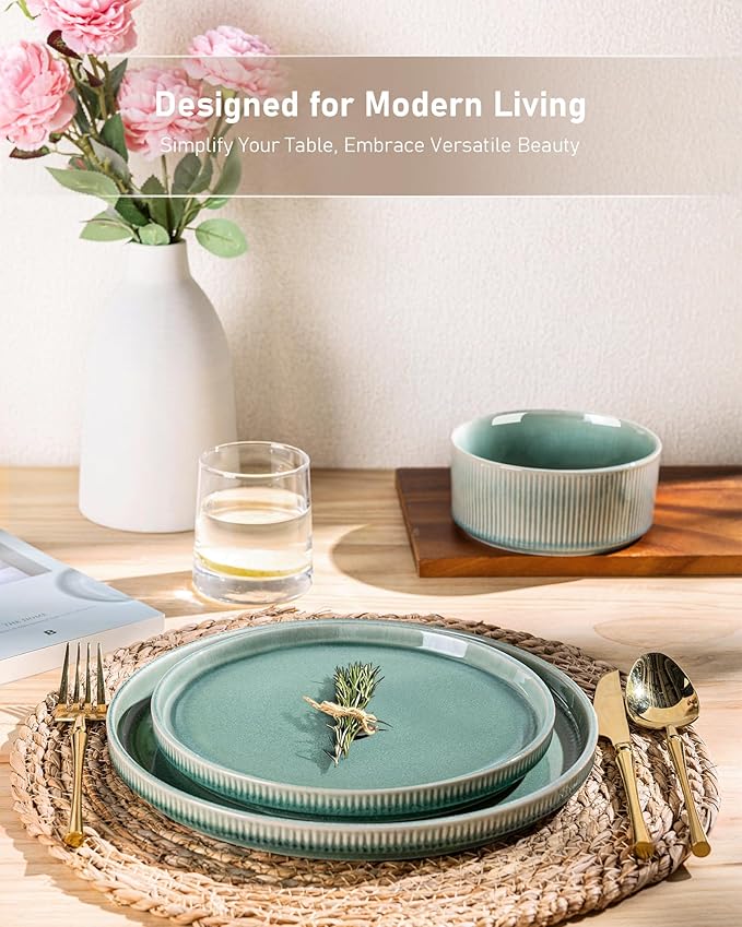 GBHOME Stoneware Dinnerware Sets for 4,Round Reactive Glaze Ceramic Plates and Bowls Set,Highly Scratch Resistant | Dishwasher & Microwave Safe Dishes Set,Service for 4(12Pcs),Malachite Green