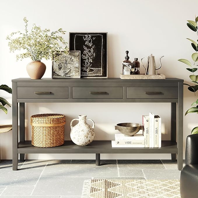 59" Console Table, Long Entryway Table with Storage, 3 Drawers Wood Console Table for Hallway Living Room, MDF Entryway Table Sofa Table Behind Couch, Modern Entry Table with Drawers