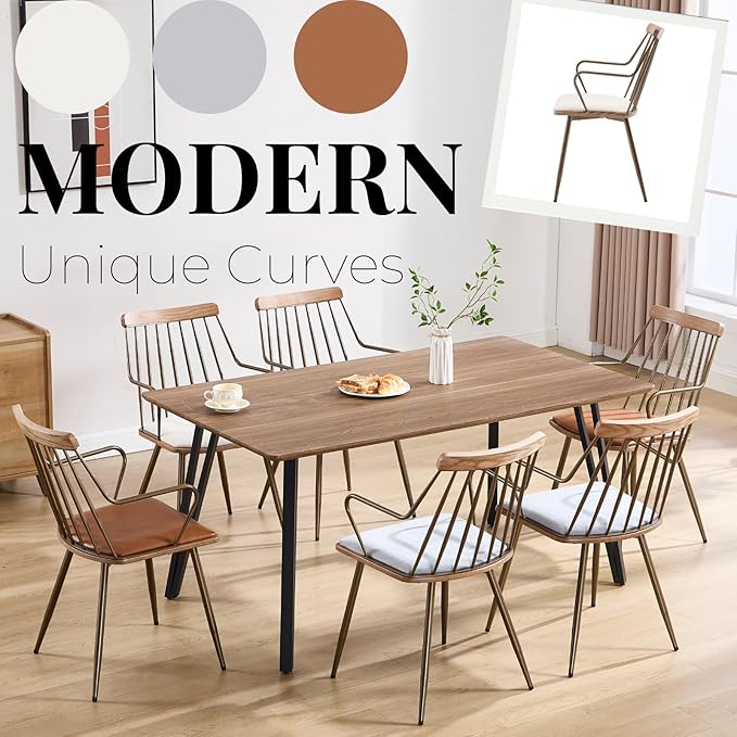 Modern Dining Chairs Set of 6, Upholstered Dining Chairs with Metal Leg, Wood Kitchen Chairs with Fence-Like Back and Curved Arm for Dining Room Kitchen Restaurant Reception (Beige)