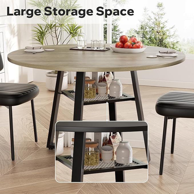 Round Dining Table for 4-6 People,47 Inch Dining Room Table,Modern Circle Kitchen Table with Storage Shelf and Metal Legs for Dining Room,Kitchen,Grey (Table Only)