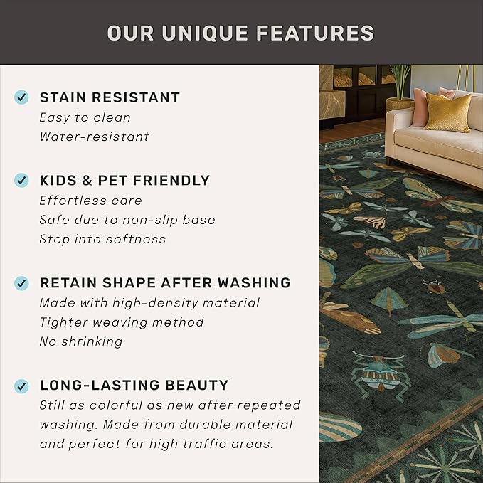Dark Green Rug for Entryway Indoor- 3x6 Large Washable Kitchen Rug, Non Slip Insect & Floral Pattern Carpet for Entry Way, Mudroom, Vintage Stain Resistant Indoor Décor