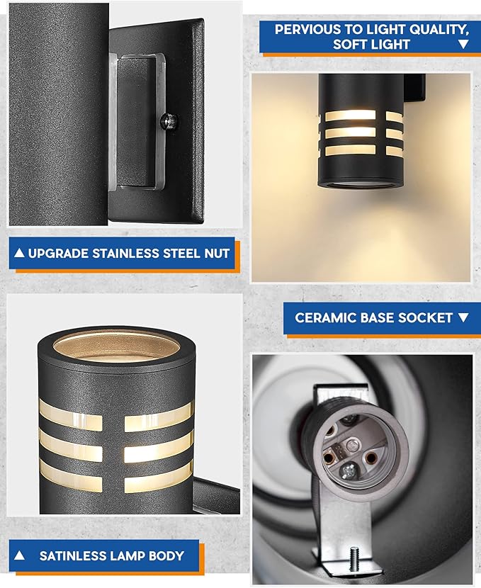 TENGXIN Outdoor Wall Light,Up and Down Cylinder Patio Porch Light,Stainless Steel 304 and Toughened Glass,Black Finished,IP 65 Waterproof