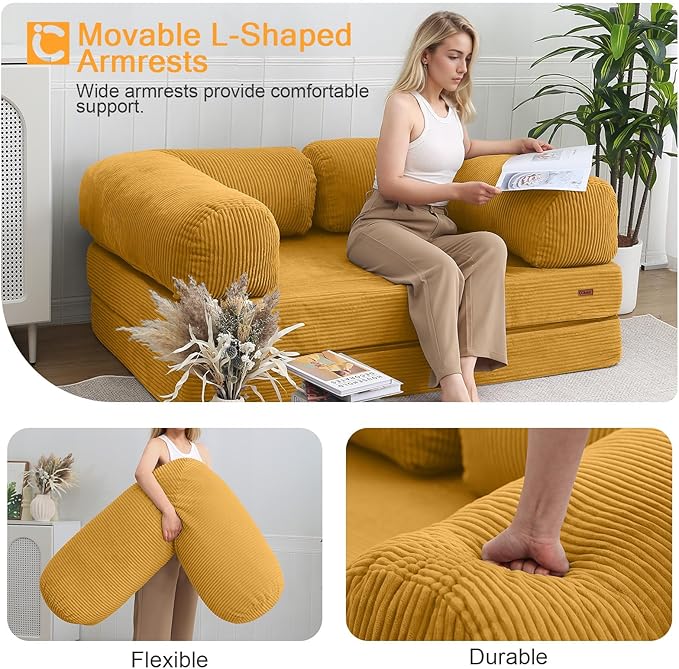 COMAX Futon Sofa Bed, 4-in-1 Floor Foldable Sofa Couch Bed Queen with L-Shaped Armrests, Convertible Folding Chair Bed Sleeper Mattress Fold Out Comfy Lounge for Living Room Bedroom, Yellow