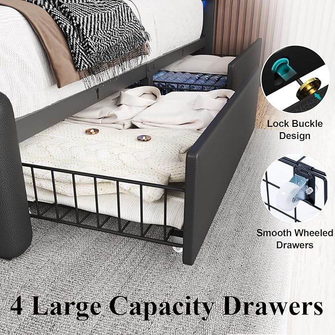 Queen Size Bed Frame with 4 Storage Drawers and LED Lights, Upholstered Platform Bed with Adjustable Headboard and Charging Station, Metal Slats Support, No Box Spring Needed,Easy Assembly, Black