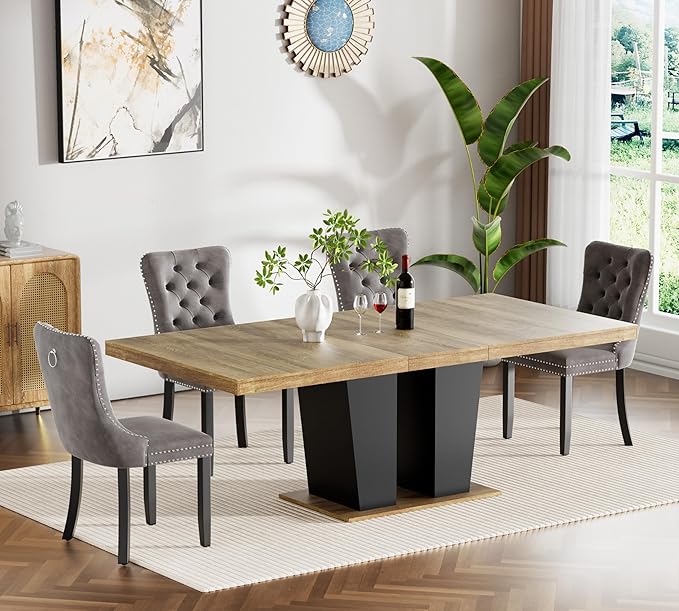 Goujxcy 5-Piece Extendable Dining Table Set for 4-8 People 63-78 Inch Kitchen Table Set with 4 Velvet Upholstered Chairs Farmhouse Rectangular Dining Room Table Set for Kitchen Dining Room Apartment