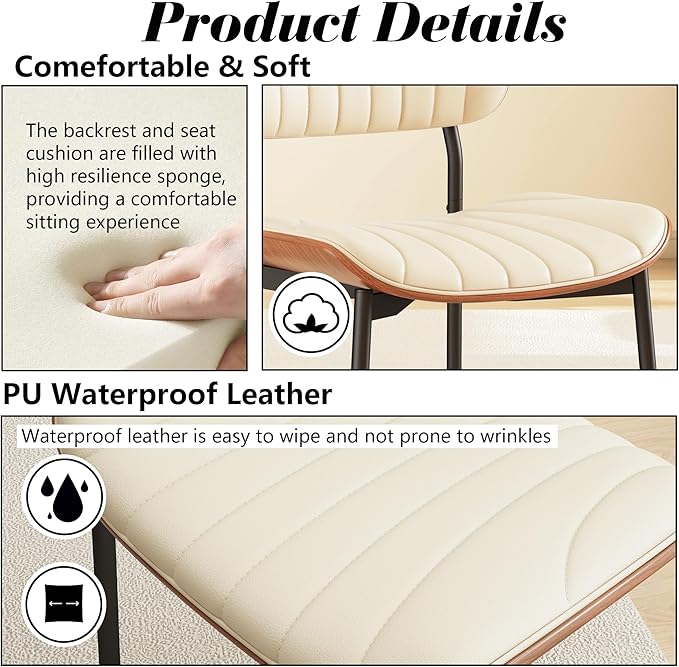 Modern PU Leather Dining Room Chairs Set of 4, Upholstered Kitchen Chairs with Curved Wood Backrest and Metal Legs Adjustable Feet for Kitchen Dining Room(Beige)