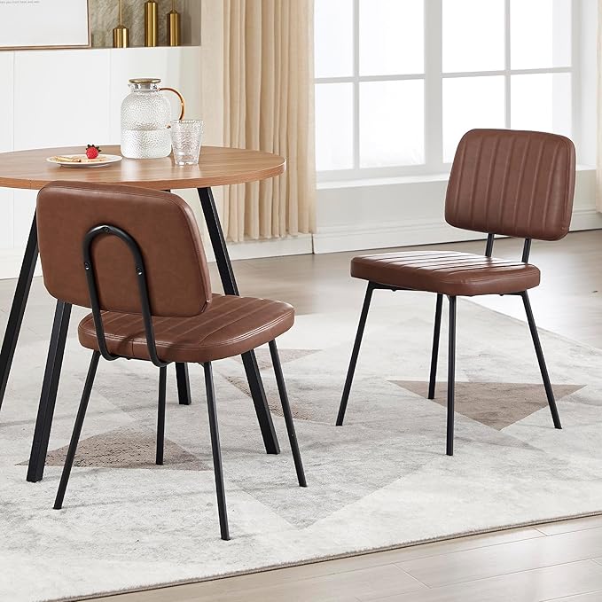 Dining Chairs Set of 2, Faux Leather Upholstered Dining Chairs, Mid Century Modern Kitchen Dining Room Accent Chairs with Curved Backrest and Steel Frame for Living Room, Vanity - Coffee