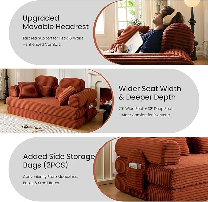 Convertible Sofa Bed,79'' Foldable Sleeper Lounge Modular Couch Comfort Compression Sofa Loveseat for Small Spaces Comfort for Apartment Bedroom (Corduroy Fabric, Orange1)