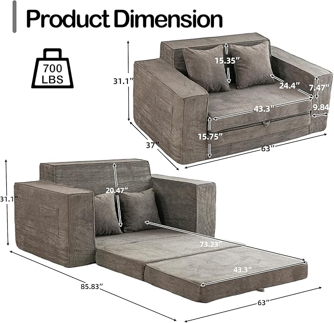 HOMREST 63" Convertible Memory Foam Loveseat Sofa, Pull Out Sleeper Sofa Bed, 2 in 1 Folding Couch Bed, Fold Out Floor Couch Corduroy Fabric with 2 Pillows for Living Room Bedroom Lounge (Grey)
