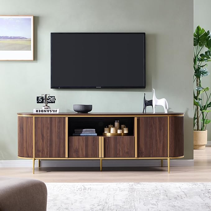 OKD Luxury 70" Fluted TV Stand, Modern Chic Entertainment Center for TVs Up to 80 inches, TV Console with Faux Marble Top, Curved Profile Design, Media Console for Living Room, (Dark Walnut)